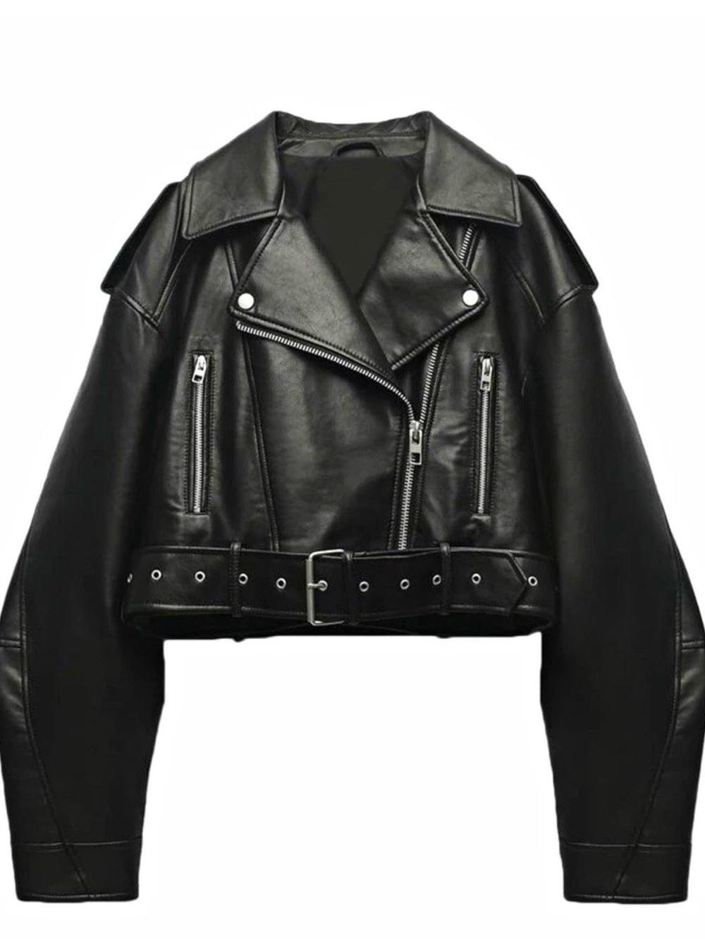 Cropped Black Faux Leather Biker Jacket with Belt - Women's